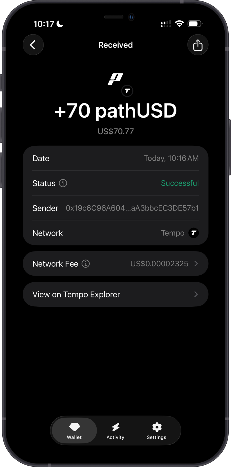 Received Tempo TIP-20 transaction