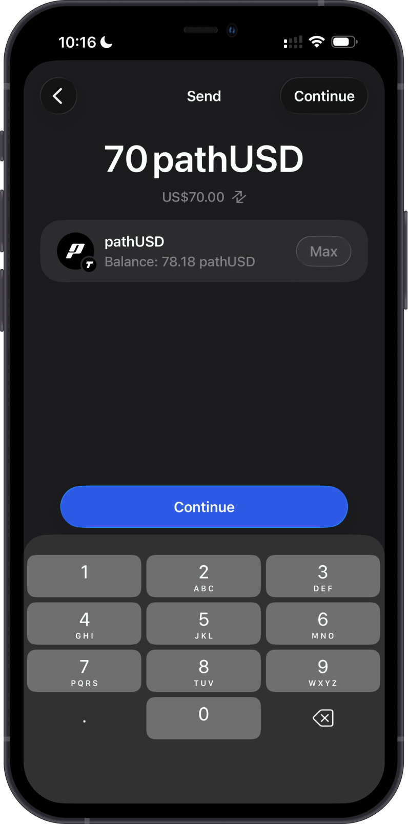 Enter the amount for a Tempo TIP-20 transfer