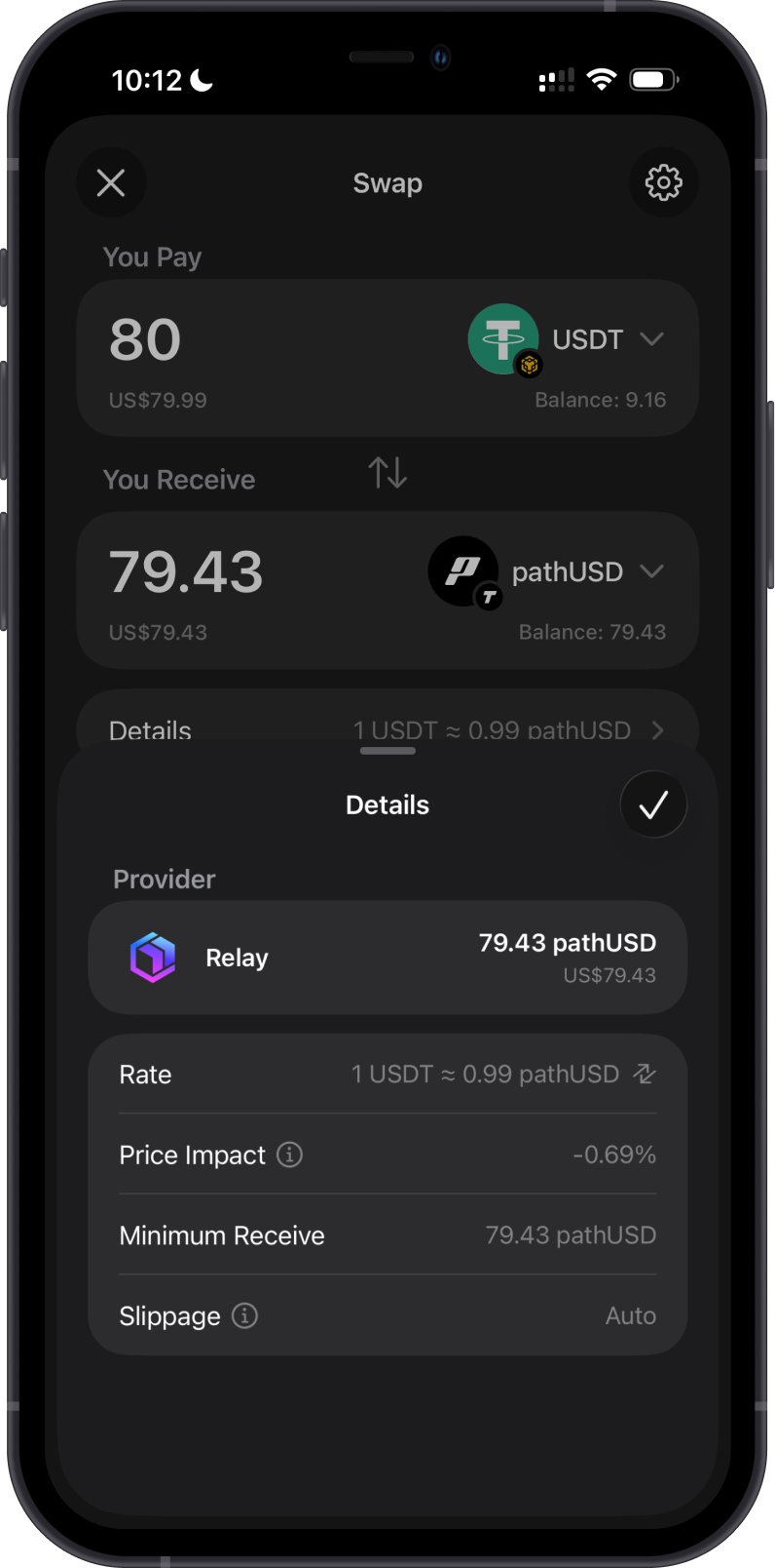 Completed cross-chain swap to Tempo