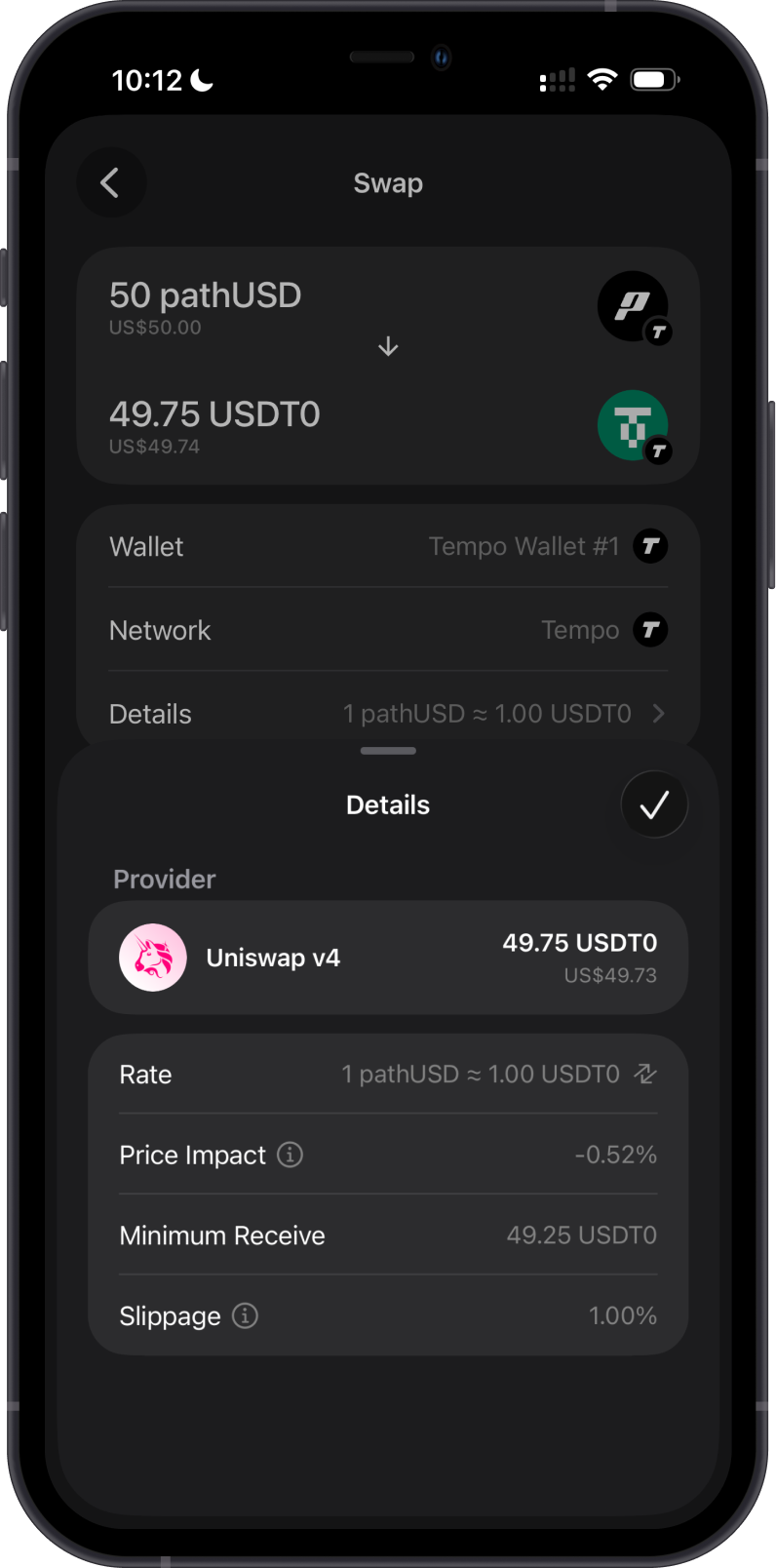 Tempo on-chain swap quote details
