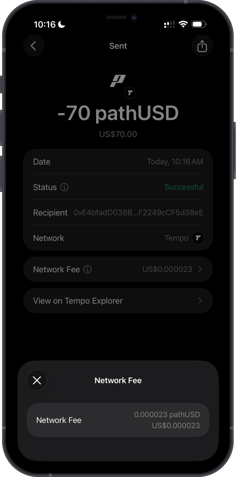 Tempo TIP-20 fee when sending