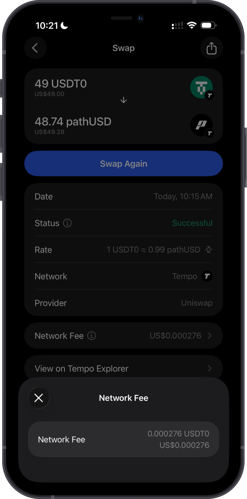 Tempo TIP-20 fee when swapping