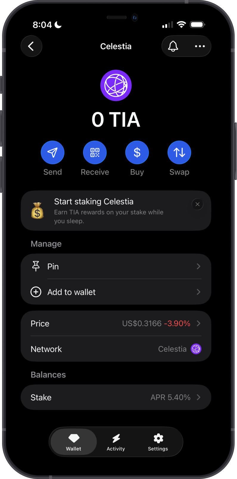 Receive TIA on Gem Wallet