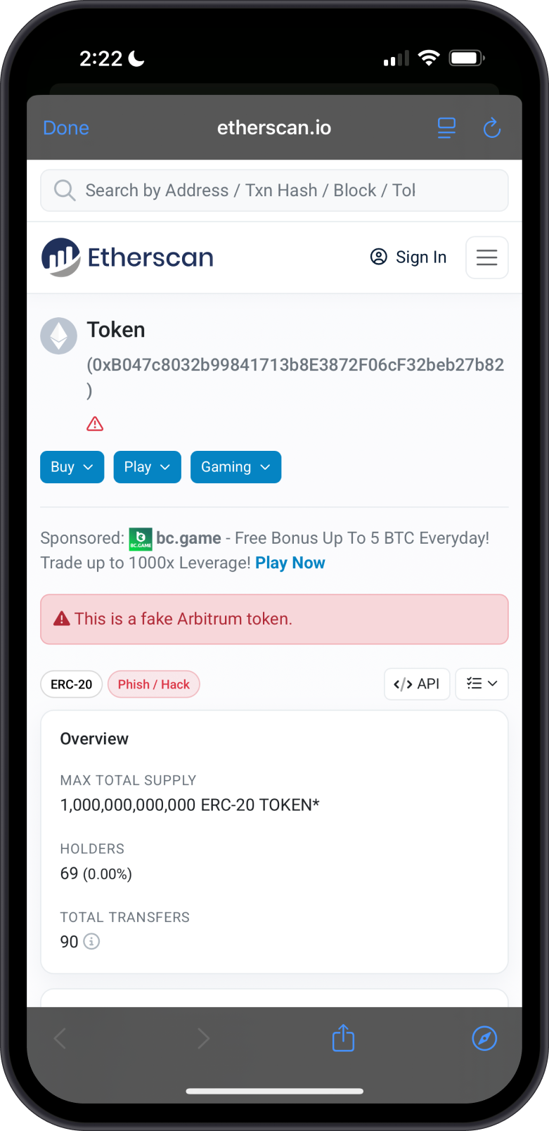 Etherscan Showing Warning of Fake Token
