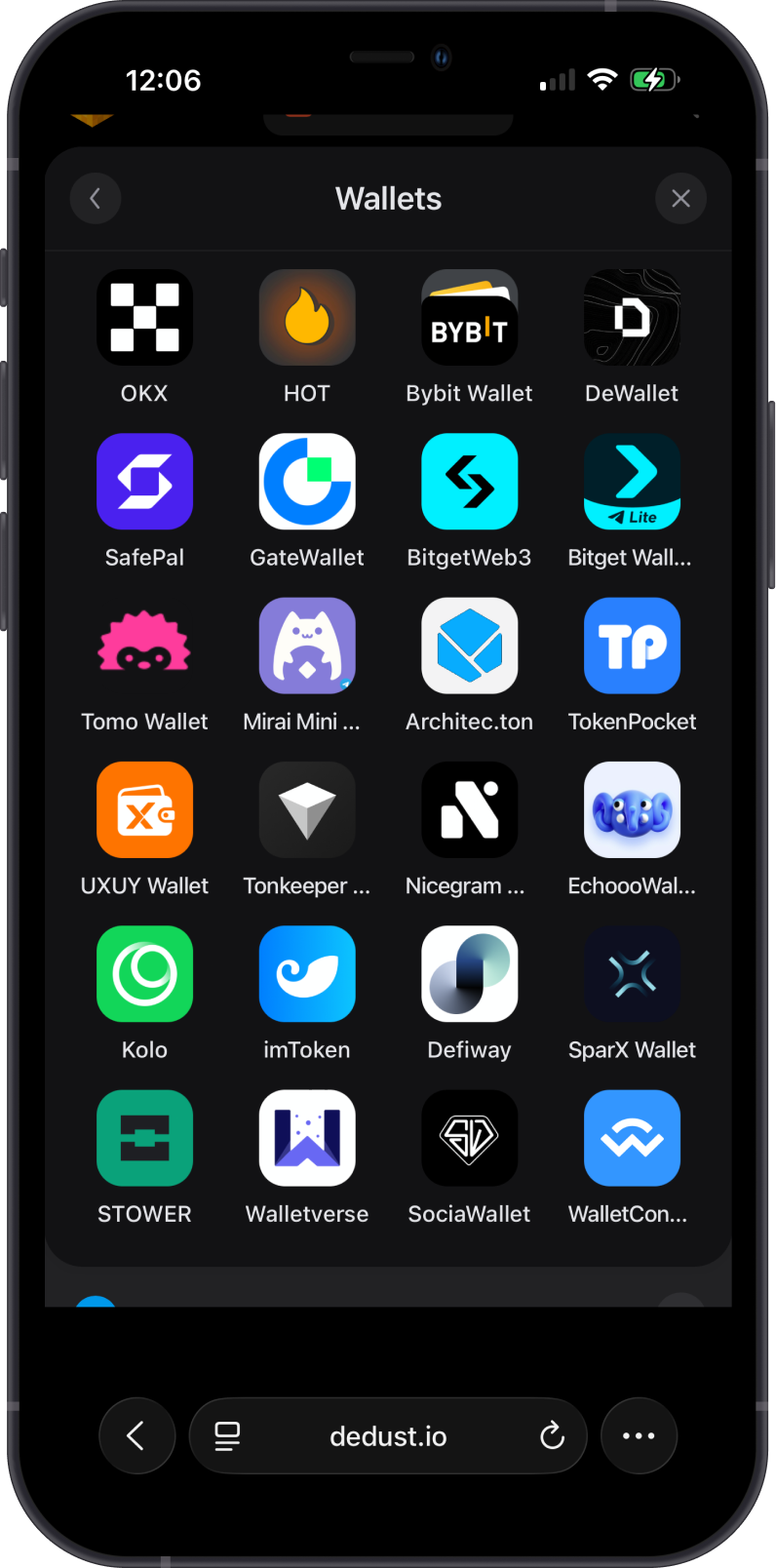 Choose WalletConnect from the DeDust wallet list