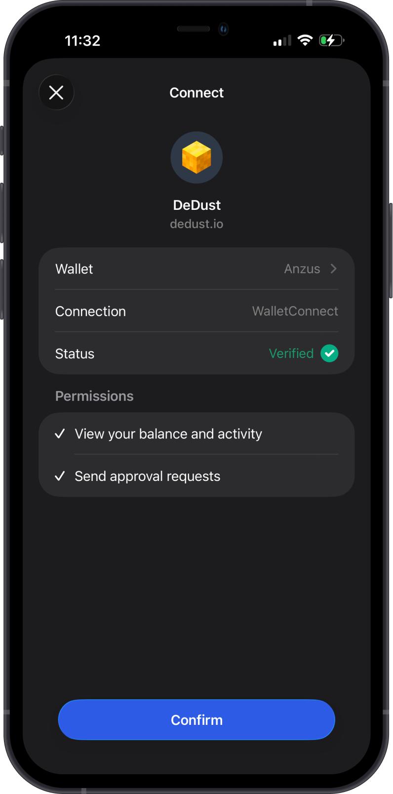 Confirm the verified DeDust connection