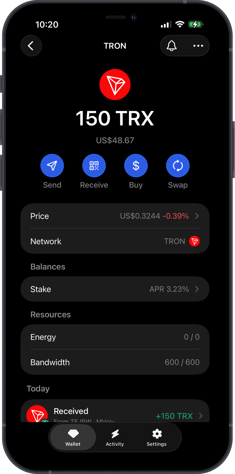 TRON on Gem Wallet
