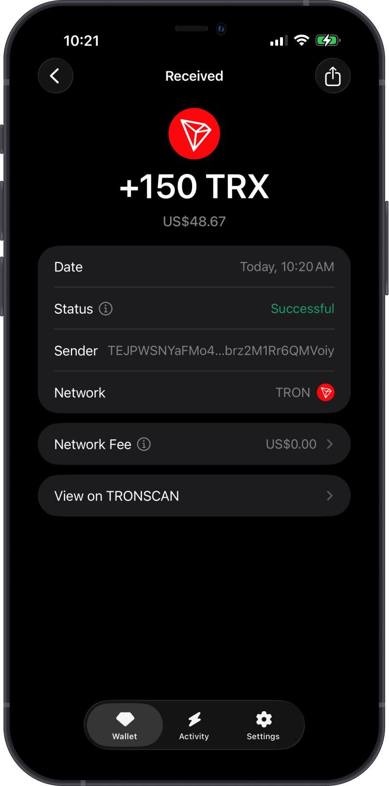 Received TRX Transaction on Gem Wallet