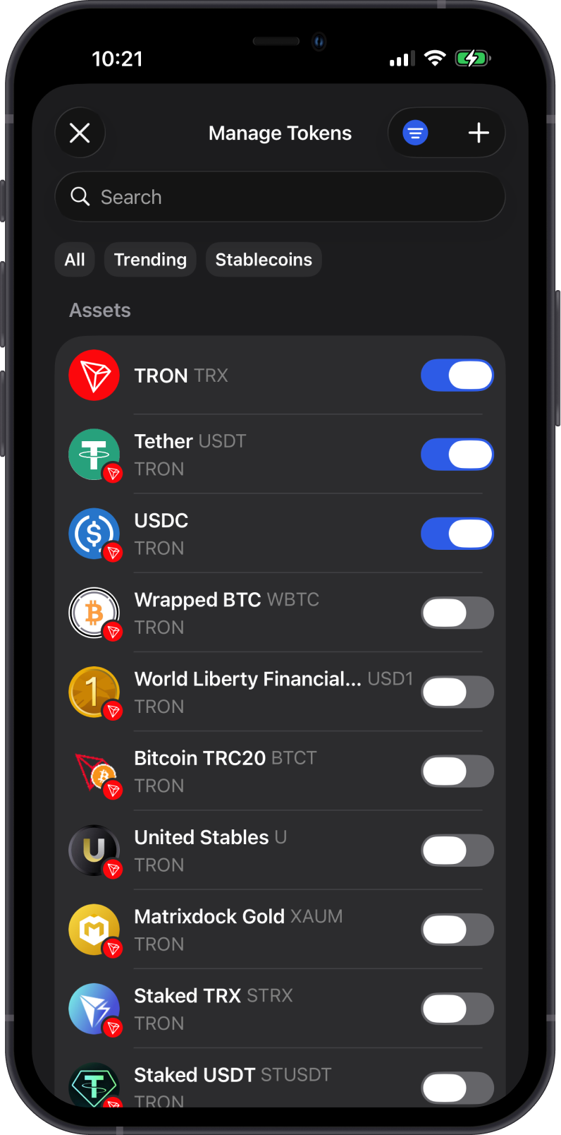 Manage TRON Tokens on Gem Wallet