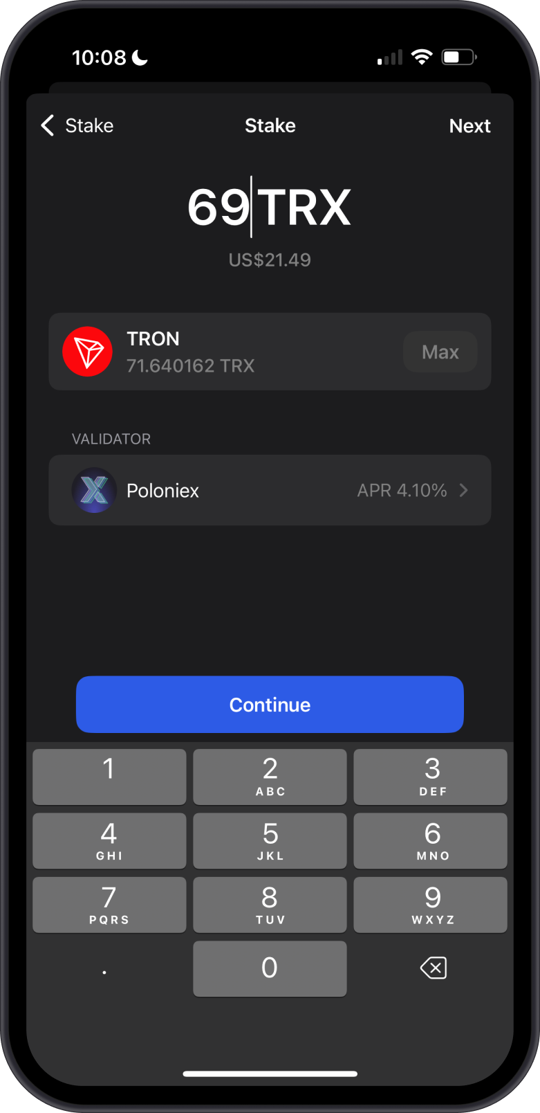 Stake TRX on Gem Wallet