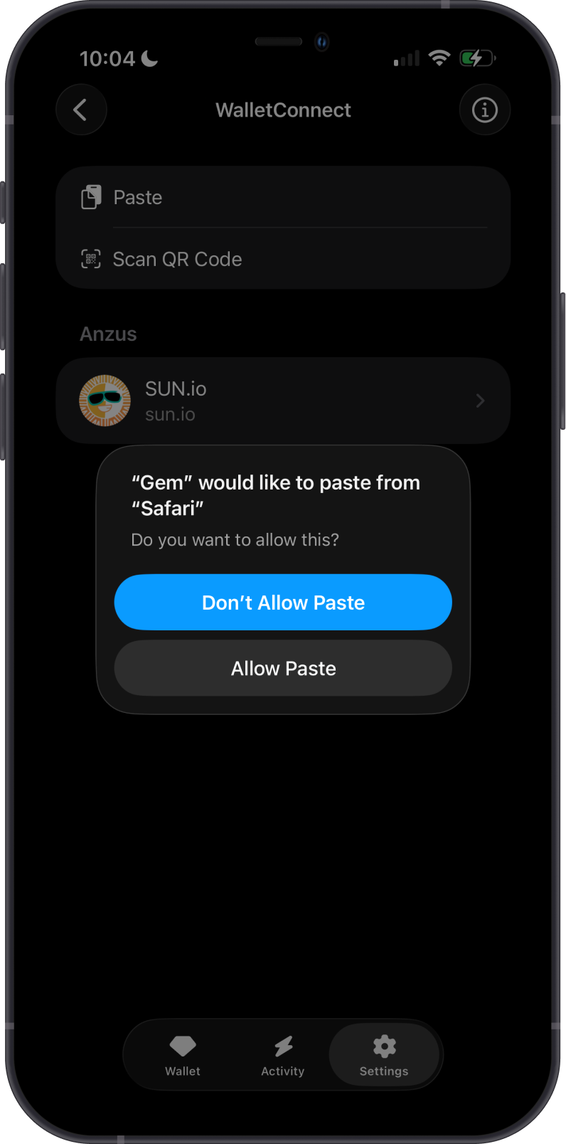 Paste a WalletConnect link in Gem Wallet