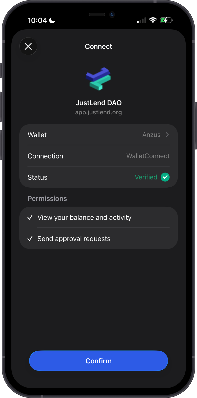 Confirm the verified JustLend DAO connection