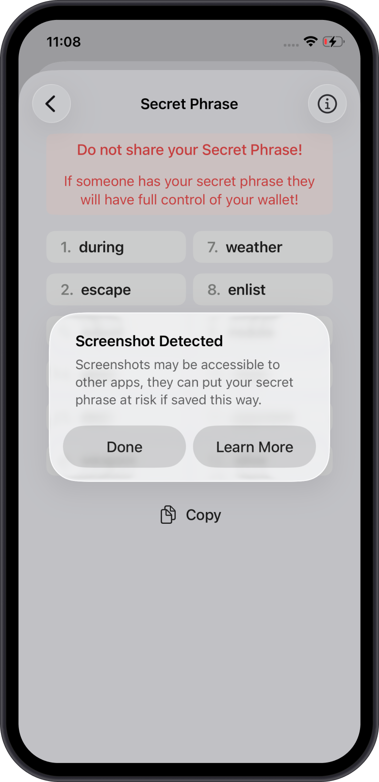 Secret Phrase Screen