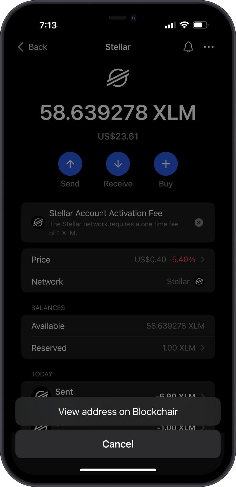 View XLM Balance Screen