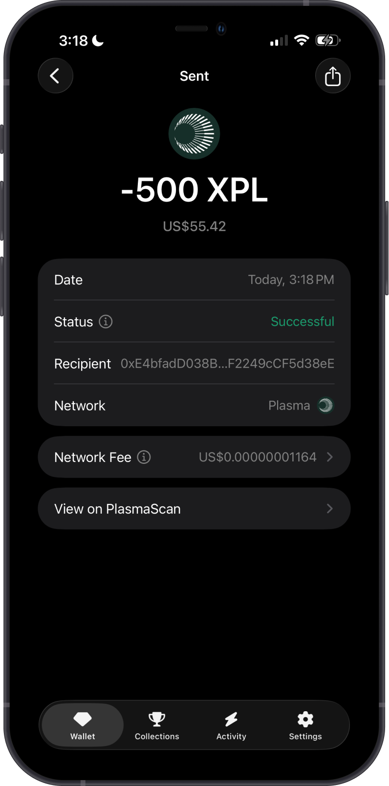 Sent XPL Transaction on Gem Wallet