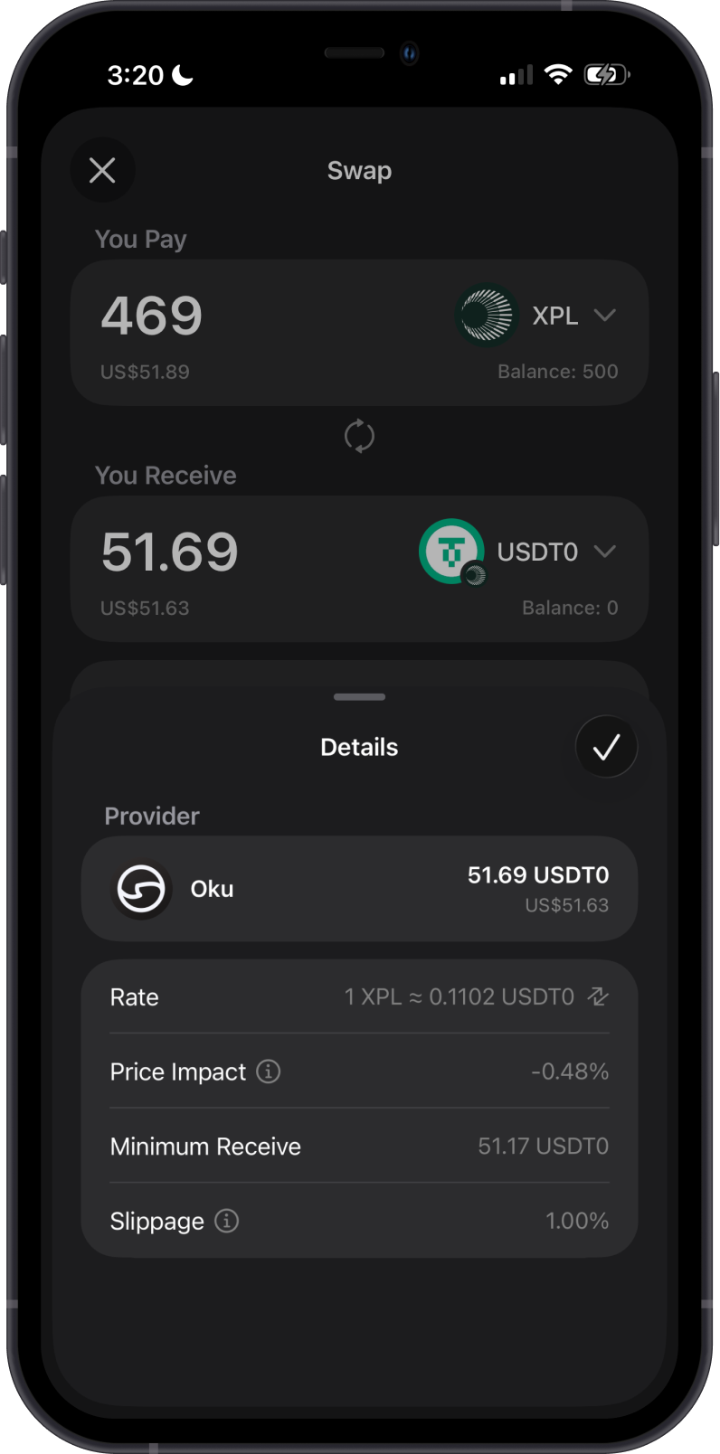 XPL Token Swap Details on Gem Wallet
