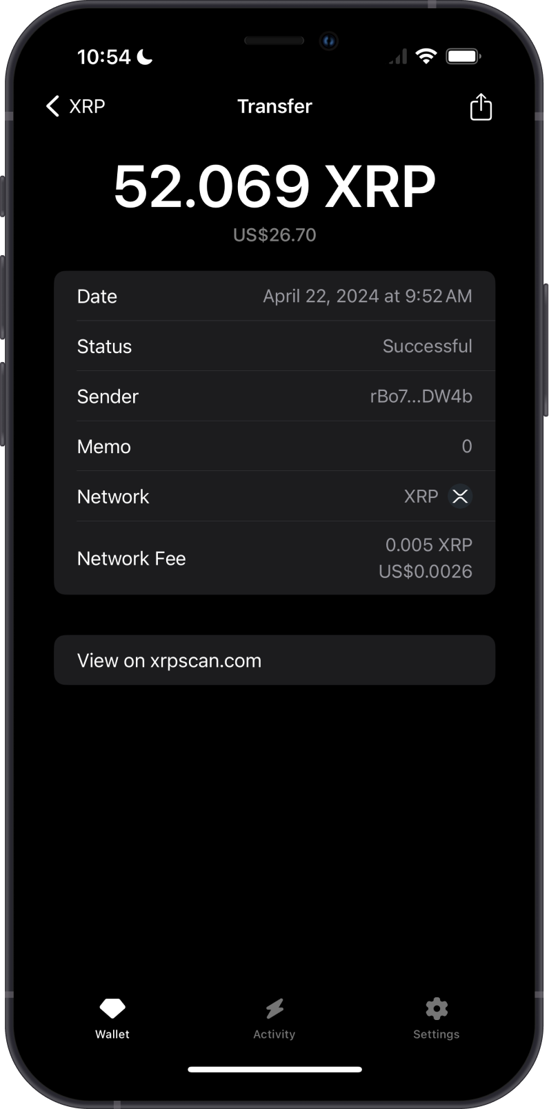 XRP Transaction Screen