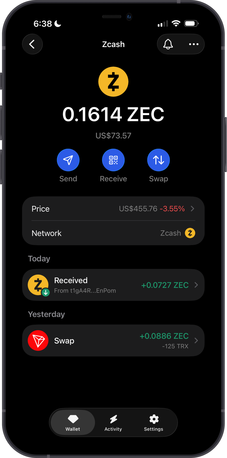 Zcash on Gem Wallet