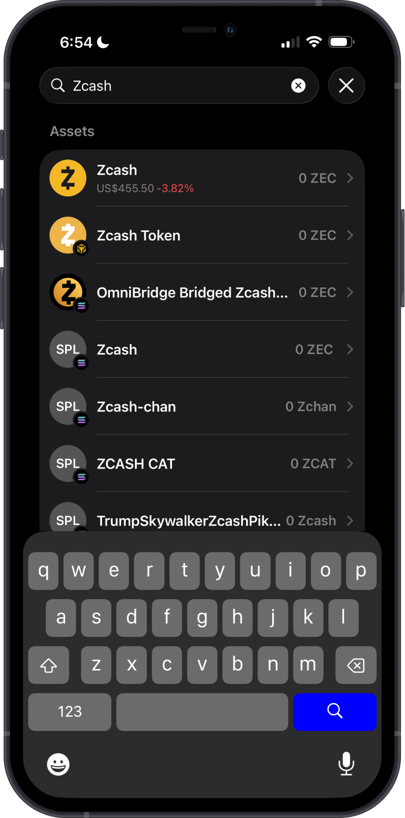 Search for Zcash on Gem Wallet