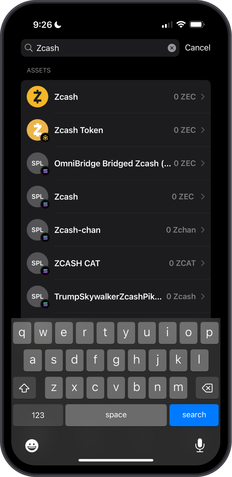 Search for Zcash on Gem Wallet