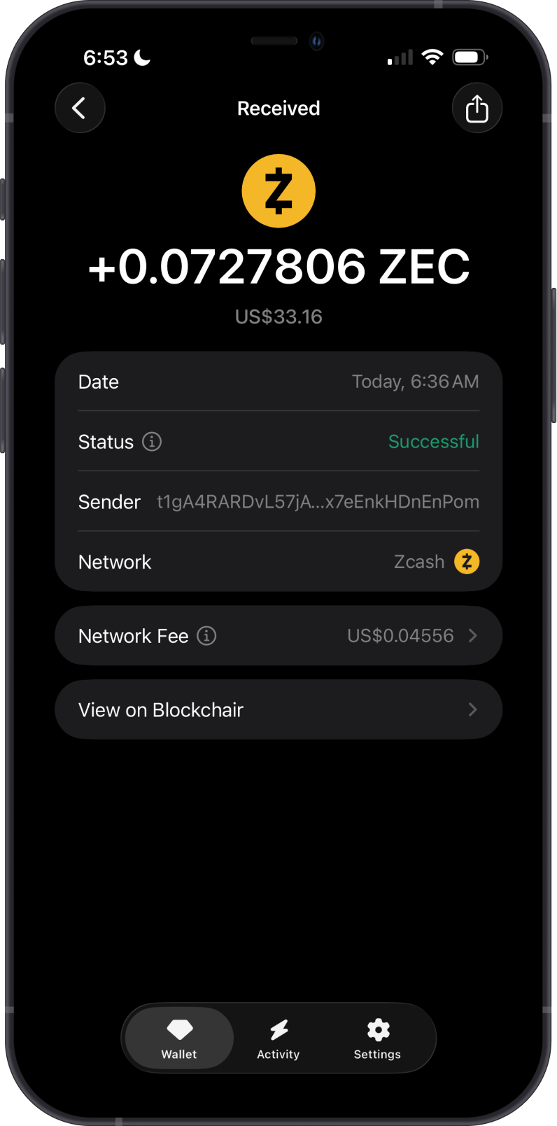 ZEC Receive Transaction on Gem Wallet