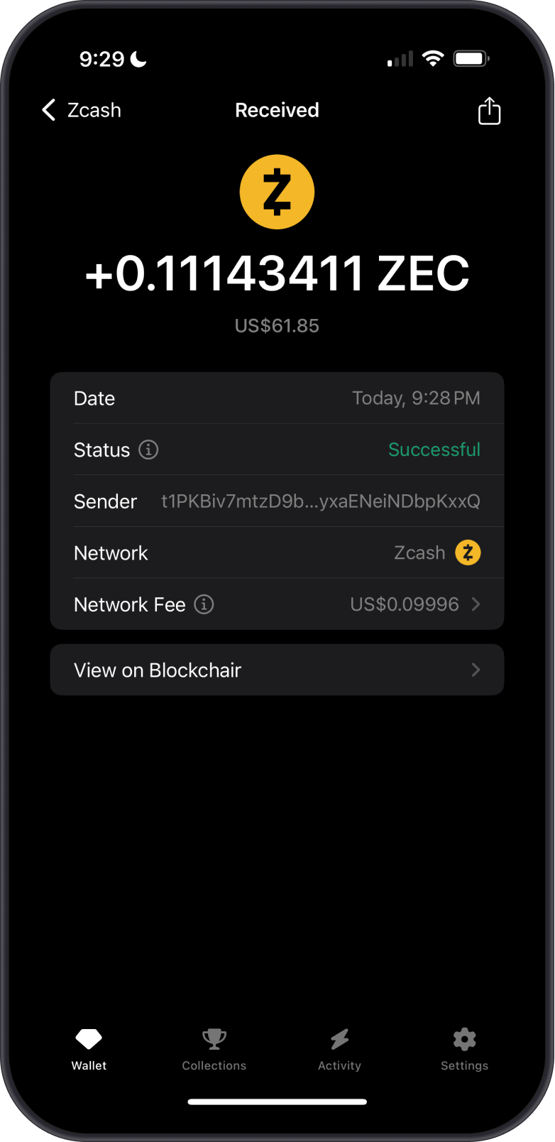 ZEC Receive Transaction on Gem Wallet
