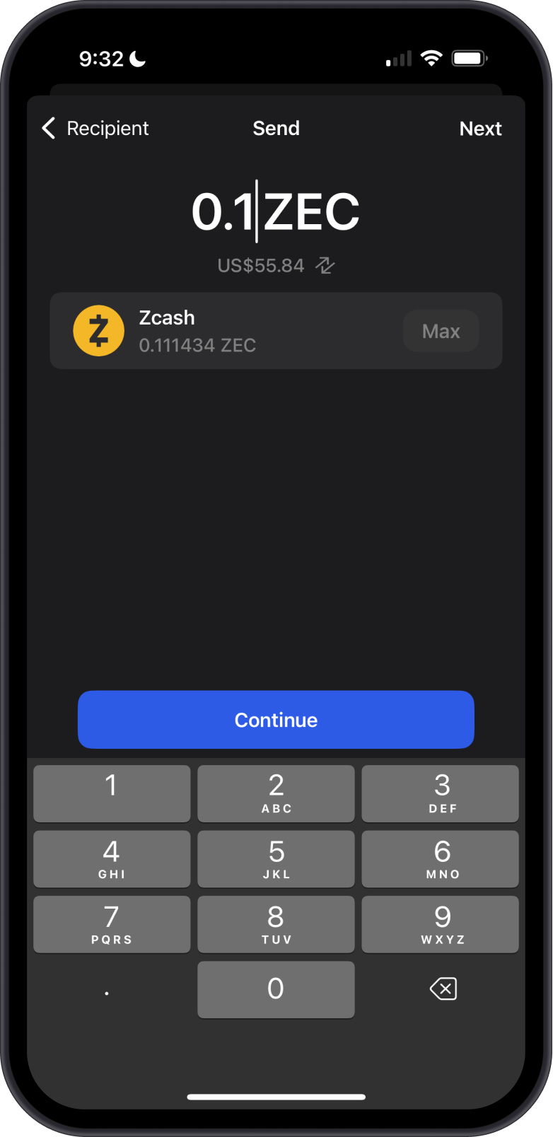 Input Zcash Amount