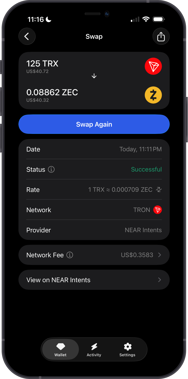 Completed TRX to Zcash Swap