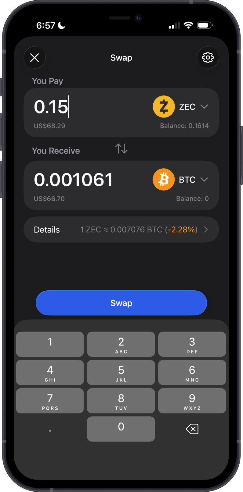 Enter Zcash to Bitcoin Swap Amount