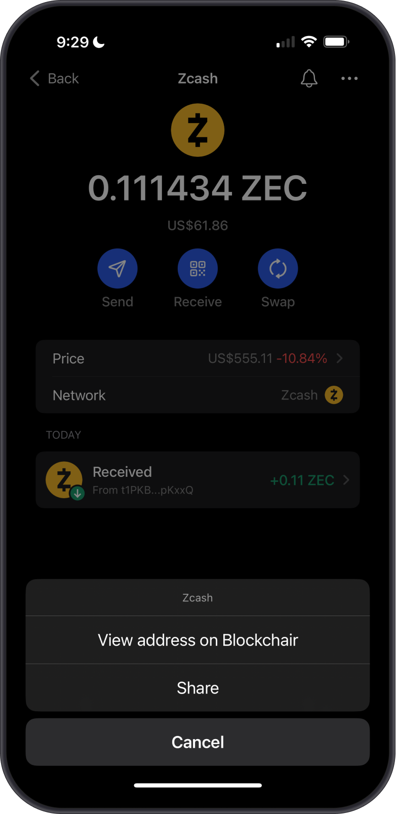 Zcash Balance on Gem Wallet