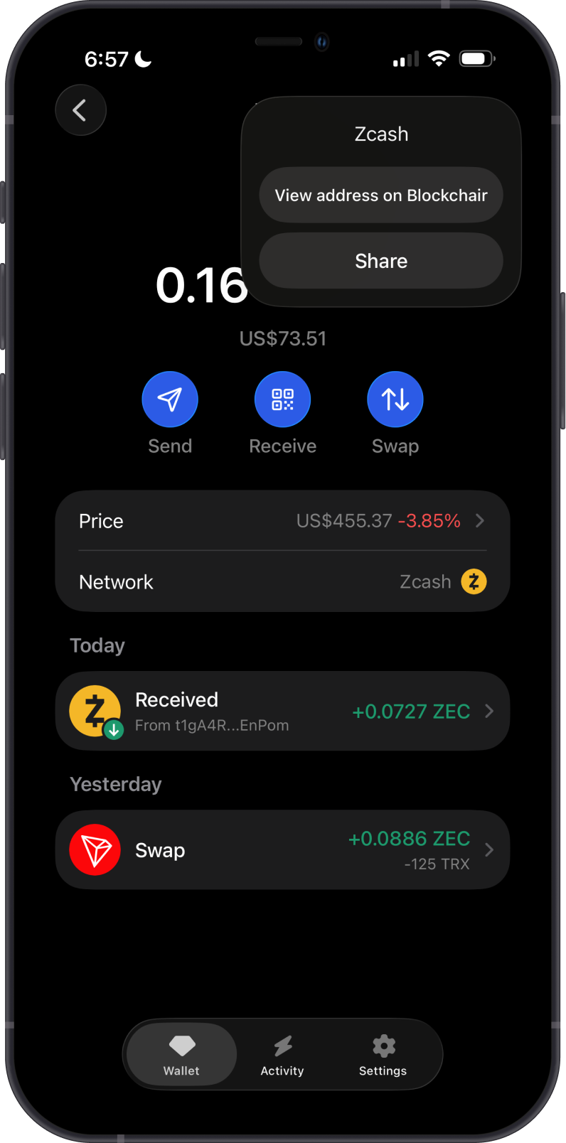 Zcash Balance and Blockchair Menu