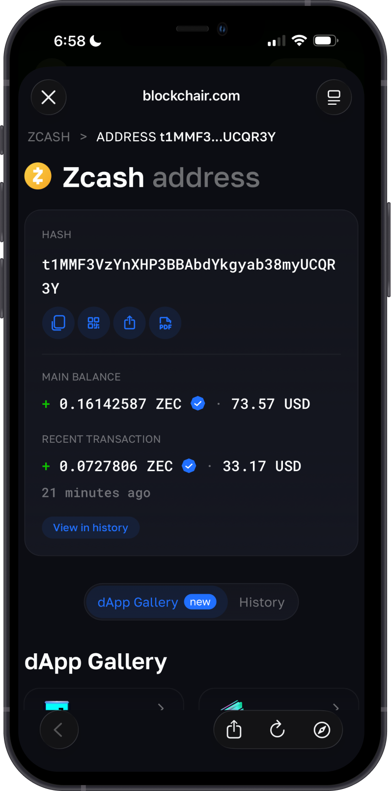 Zcash Address Details on Blockchair